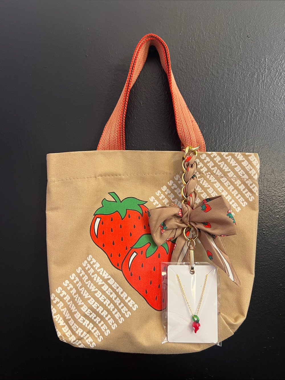 Strawberry Print Canvas Tote Bag with Necklace and Bag Charm